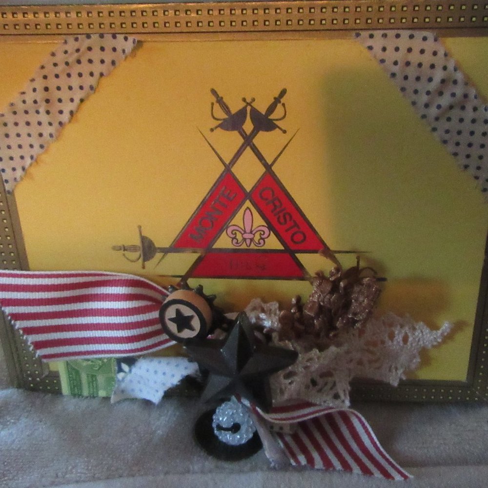 Hand-Decorated Monte Cristo Cigar Box Yellow/red w. star metal knob 5x7 in.